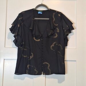 Lauren Ralph Lauren Silk Black Gold Ruffled V Neck Sleeves Sz 16 Short Sleeves